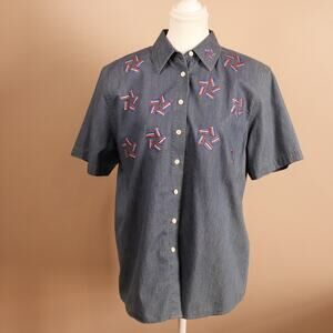 VTG Karen Scott sport Denim Red, White & Blue Bedazzled SS Button Up sz M